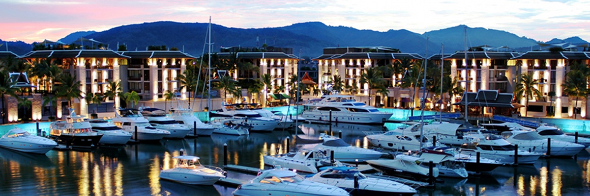 Evening view over a marina filled with boats