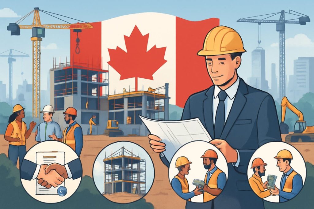 A construction site in Canada with workers and a project manager reviewing plans, showing various construction activities and symbols representing different types of construction bonds.