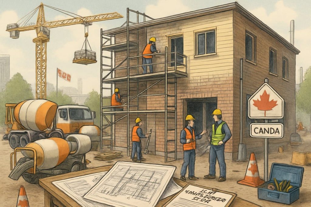A construction site with workers renovating a building, scaffolding, equipment, and Canadian flags visible in the background.